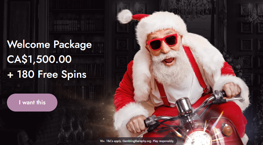Santa-themed Mr Fortune Casino Canada bonus banner offering CA$1,500 welcome package and 180 free spins for Canadian online casino players.