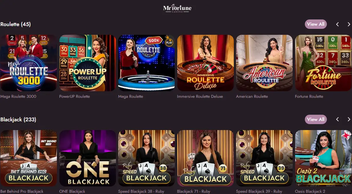 Roulette and blackjack games at one of the best casino sites in Canada — Mr Fortune offers Mega Roulette 3000, PowerUP Roulette, Immersive Roulette Deluxe, American Roulette, ONE Blackjack, Speed Blackjack and premium real-dealer tables for Canadian players.