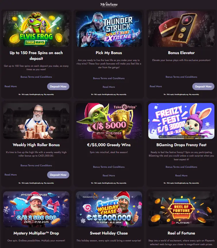Mr Fortune online casino Canada promotions grid with free spins bonuses, weekly rewards, prize tournaments and seasonal casino events.