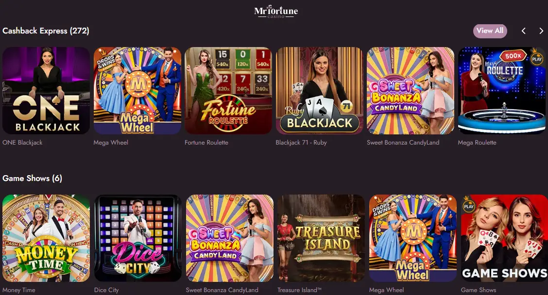 Popular live games at one of the best casino sites in Canada — Mr Fortune features ONE Blackjack, Mega Wheel, Fortune Roulette, Ruby Blackjack, Sweet Bonanza CandyLand, Mega Roulette and top game shows with real-money play for Canadians.