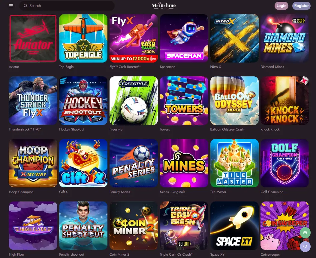 Mr Fortune Casino Canada crash games lobby featuring Aviator, Spaceman, FlyX, Nitro X, Diamond Mines, Towers, Mines, Space XY and other real money instant win games — fast payouts, high-volatility action and top Canadian online casino titles.