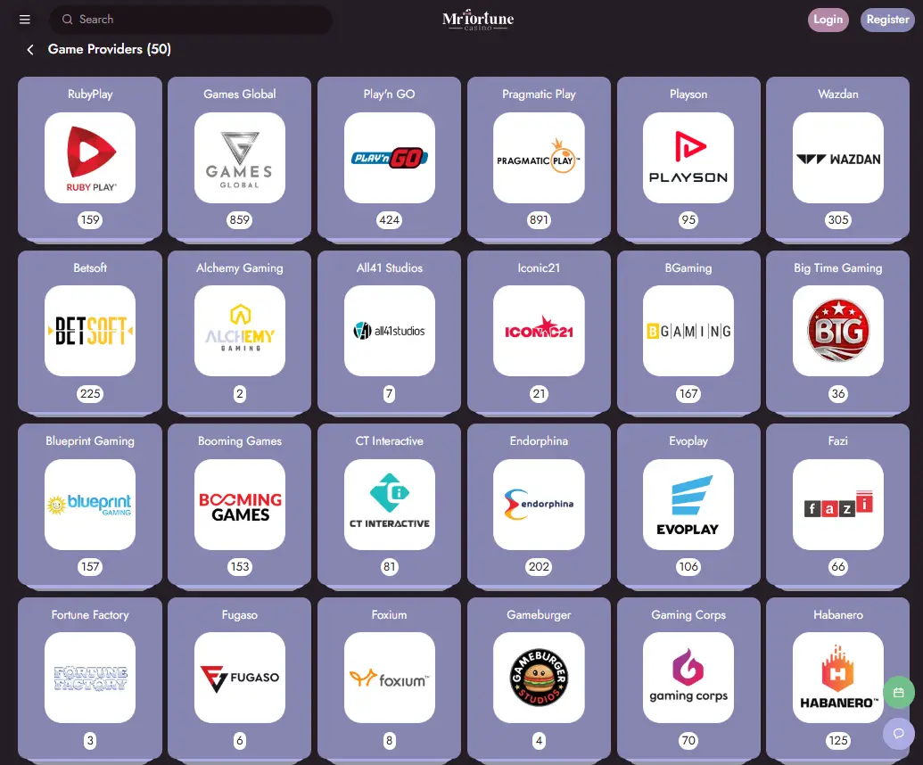 Top game providers at one of the best casino sites in Canada — Mr Fortune features Pragmatic Play, Play’n GO, Games Global, Betsoft, BGaming, Endorphina, Wazdan and 40+ leading studios powering premium real-money casino games.