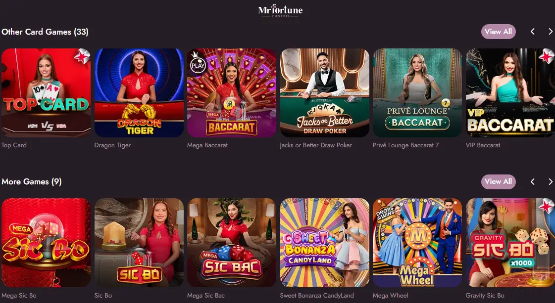 Mr Fortune Casino Canada live dealer games including Top Card, Dragon Tiger, Baccarat, Sic Bo, Mega Wheel and Sweet Bonanza CandyLand.