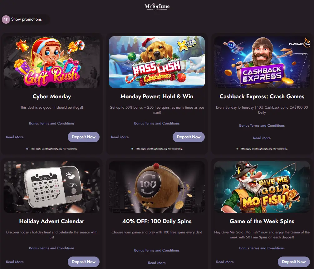 Mr Fortune Casino Canada promotions – Cyber bonus, Monday Power Hold & Win, Cashback Express crash games, Holiday Advent Calendar, 40% off 100 daily spins, Game of the Week free spins.