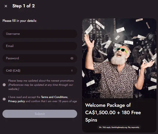 Mr Fortune Casino sign-up form for Canadian players with celebratory man and welcome bonus CA$5,000 + 150 Spins + 3 Bonus Rounds.