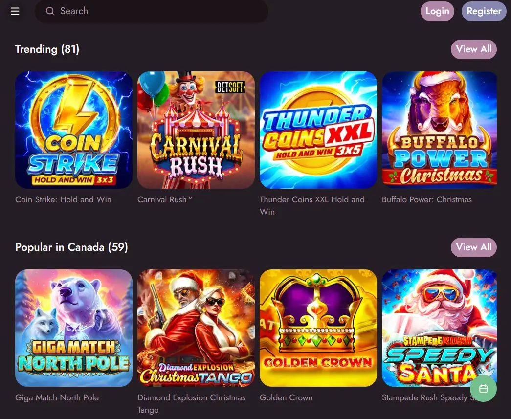 Mr Fortune Casino Canada slot games lobby featuring trending titles and popular slots in Canada, including Coin Strike, Carnival Rush, Thunder Coins XXL and Buffalo Power.